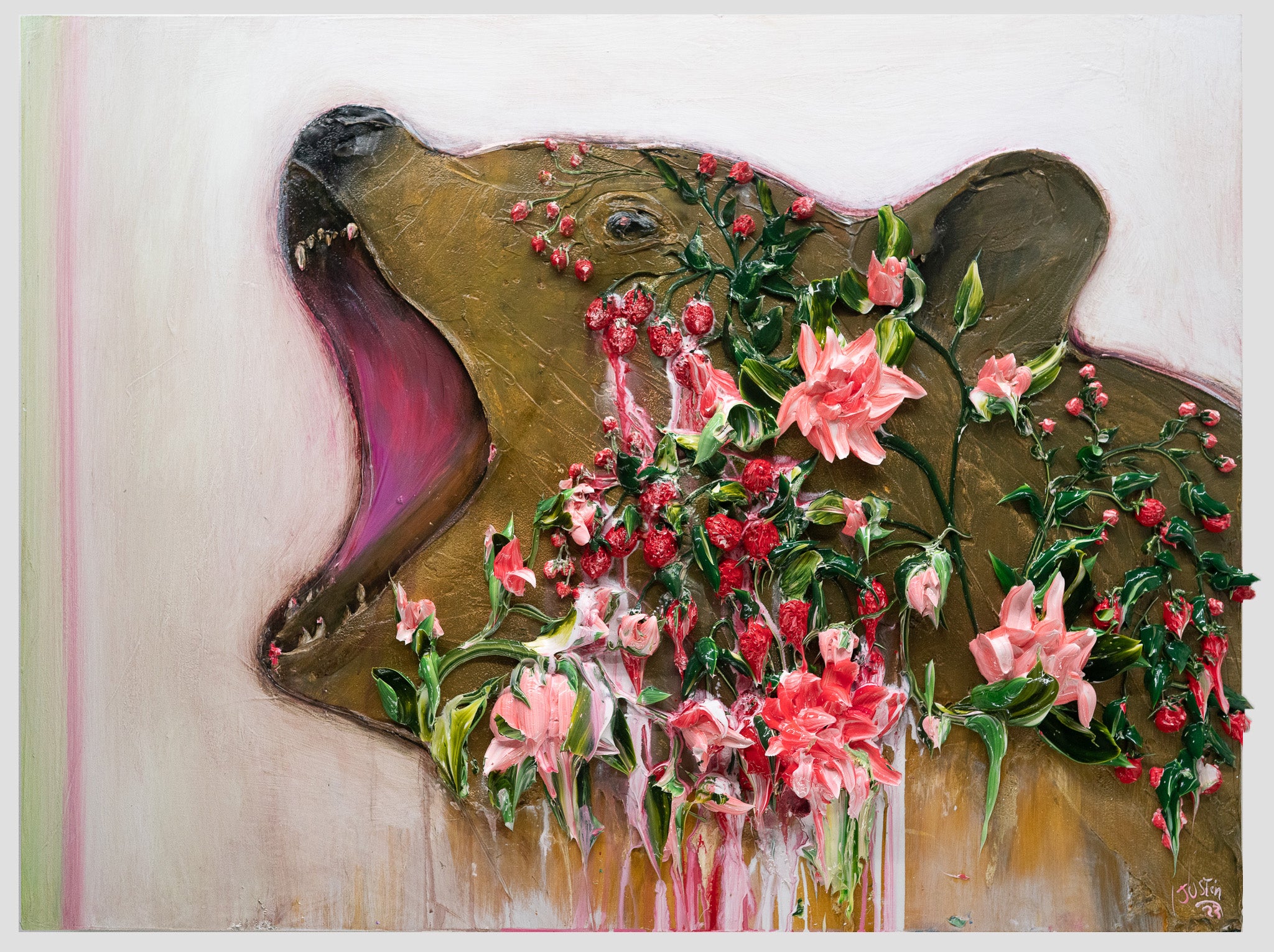 Ikebana Strawberry Camellia Bear, 48x36