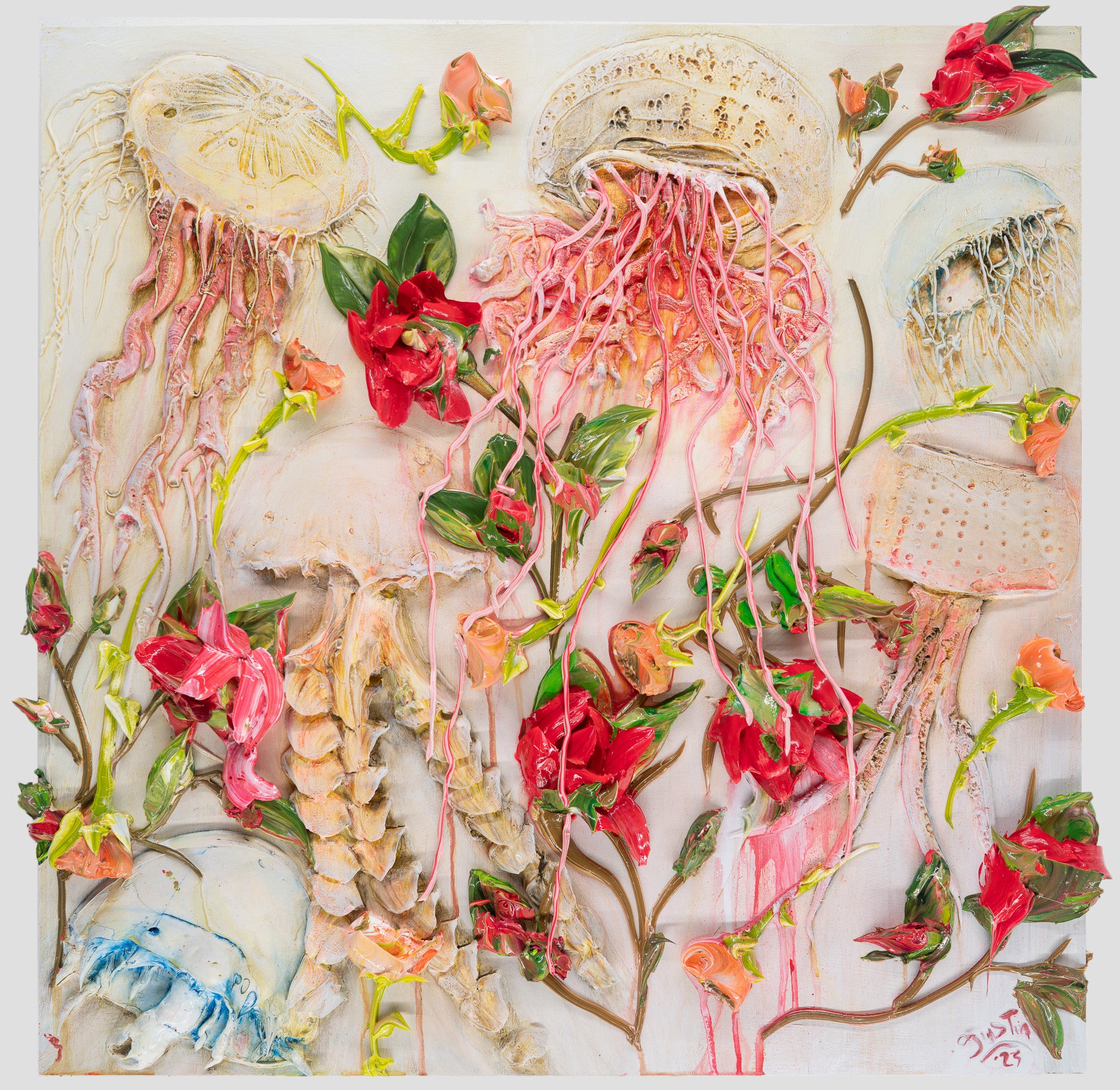 Ikebana Menagerie of Camellia and Jellyfish, 36x36