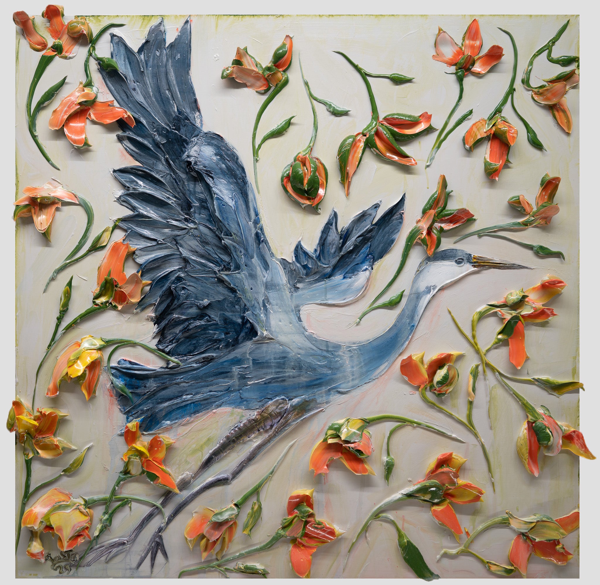 Great Blue Ikebana Heron, 36x36