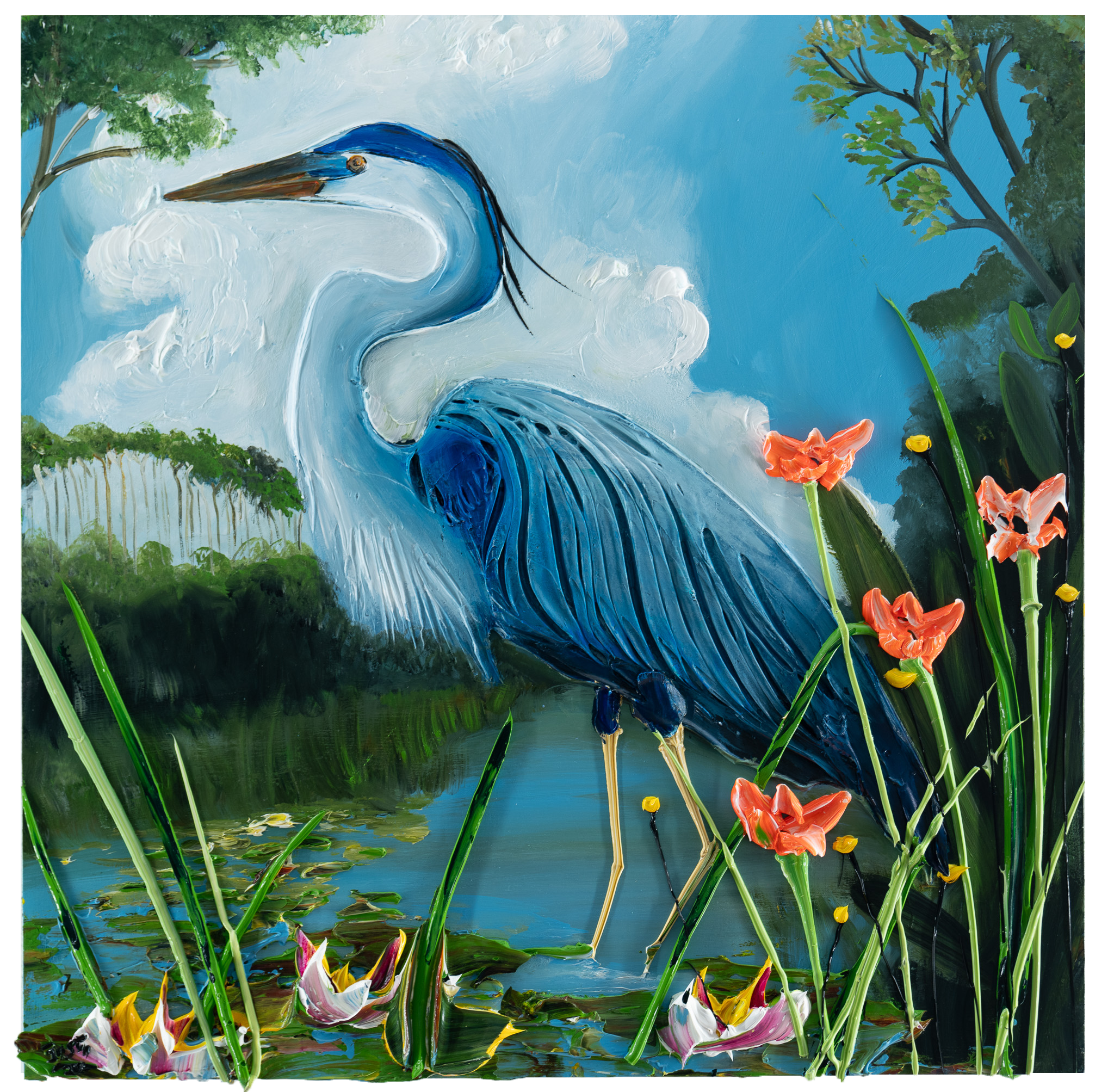 Heron and Water Lilies, 36x36