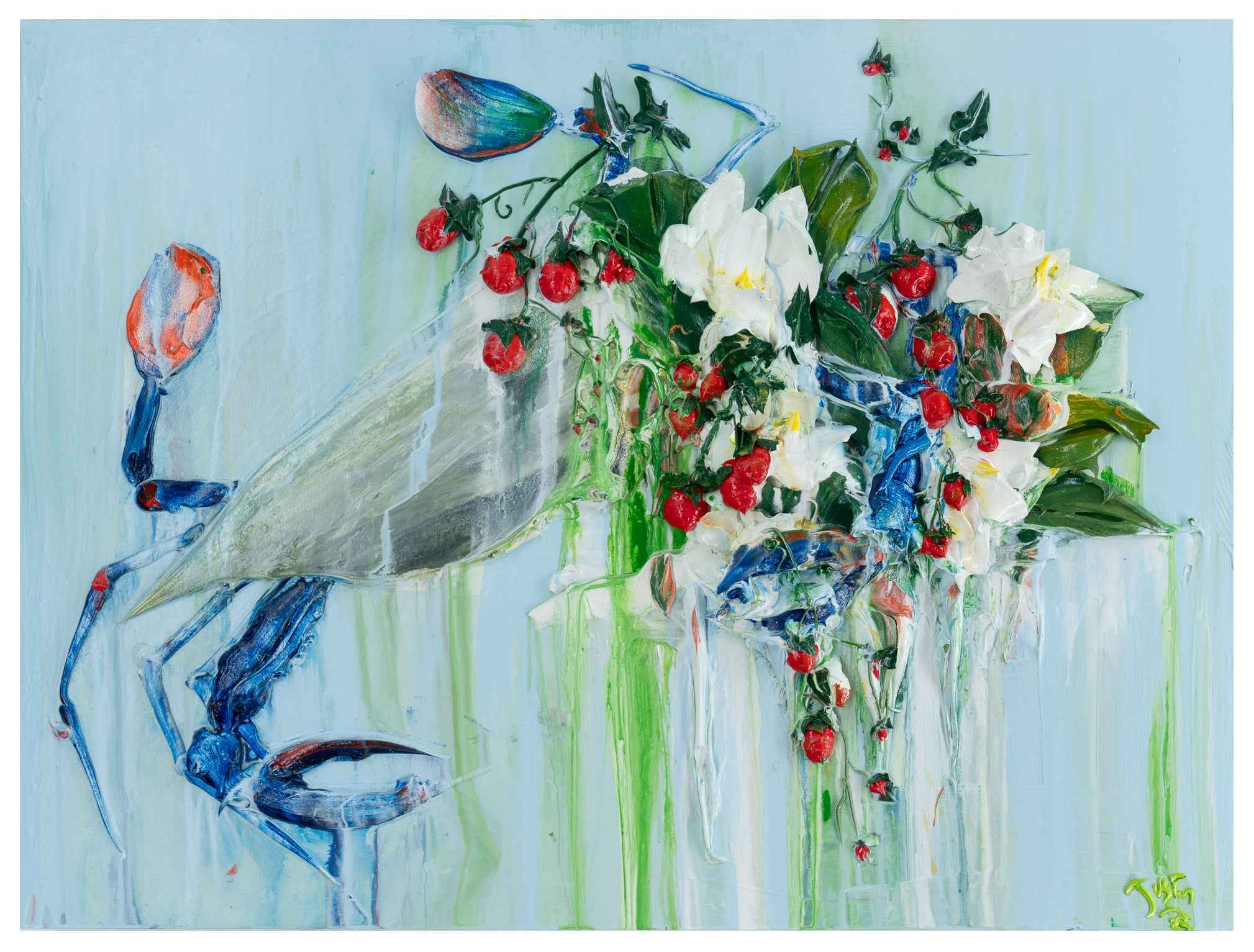 Blue Crab, Magnolia, Strawberry, 30x40