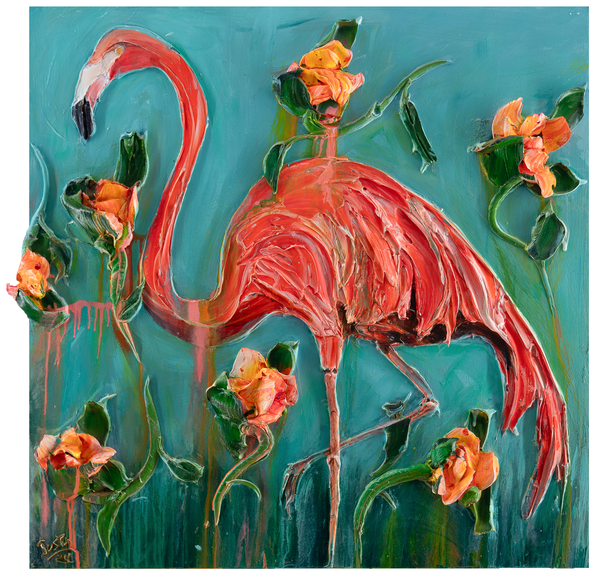 Flamingo and Flowers, 36x36