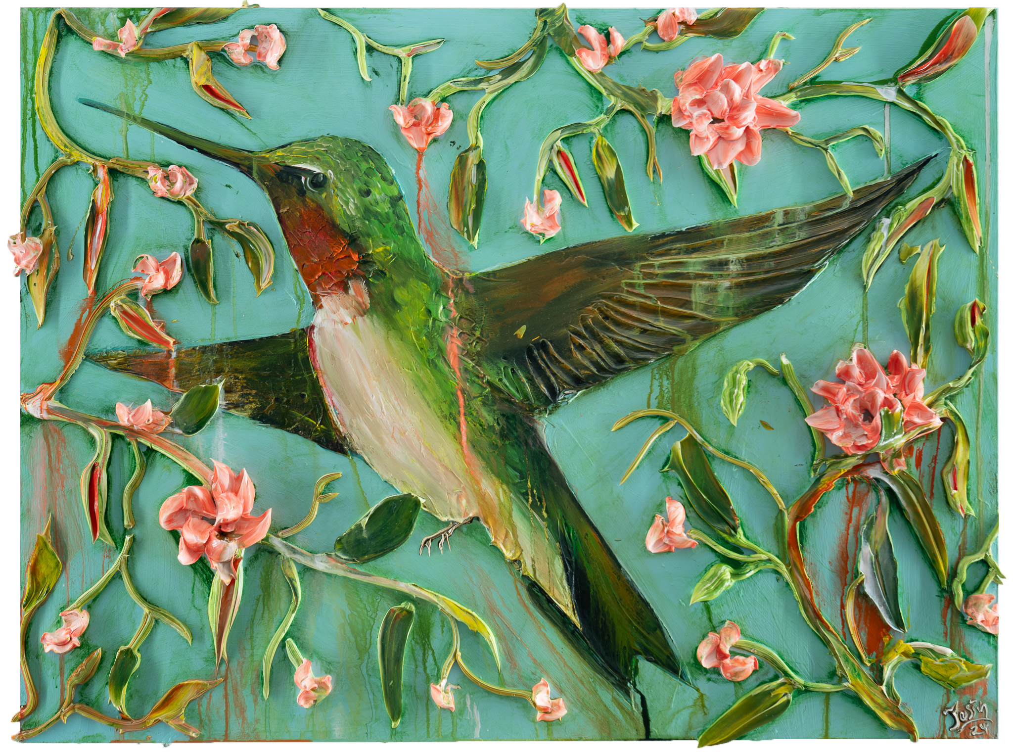 Hummingbird and Zinnias, 40x30