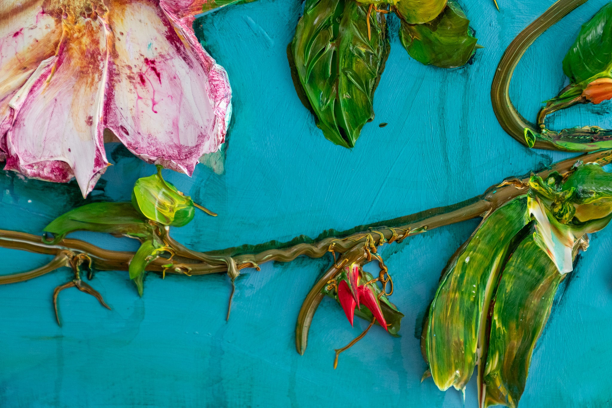 Hummingbird, Praying Mantis, and Petunia, 40x30