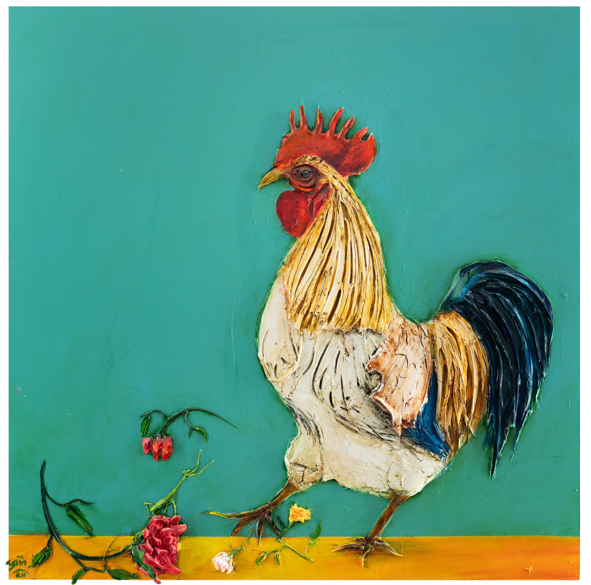 Rooster and Roses, 48x48