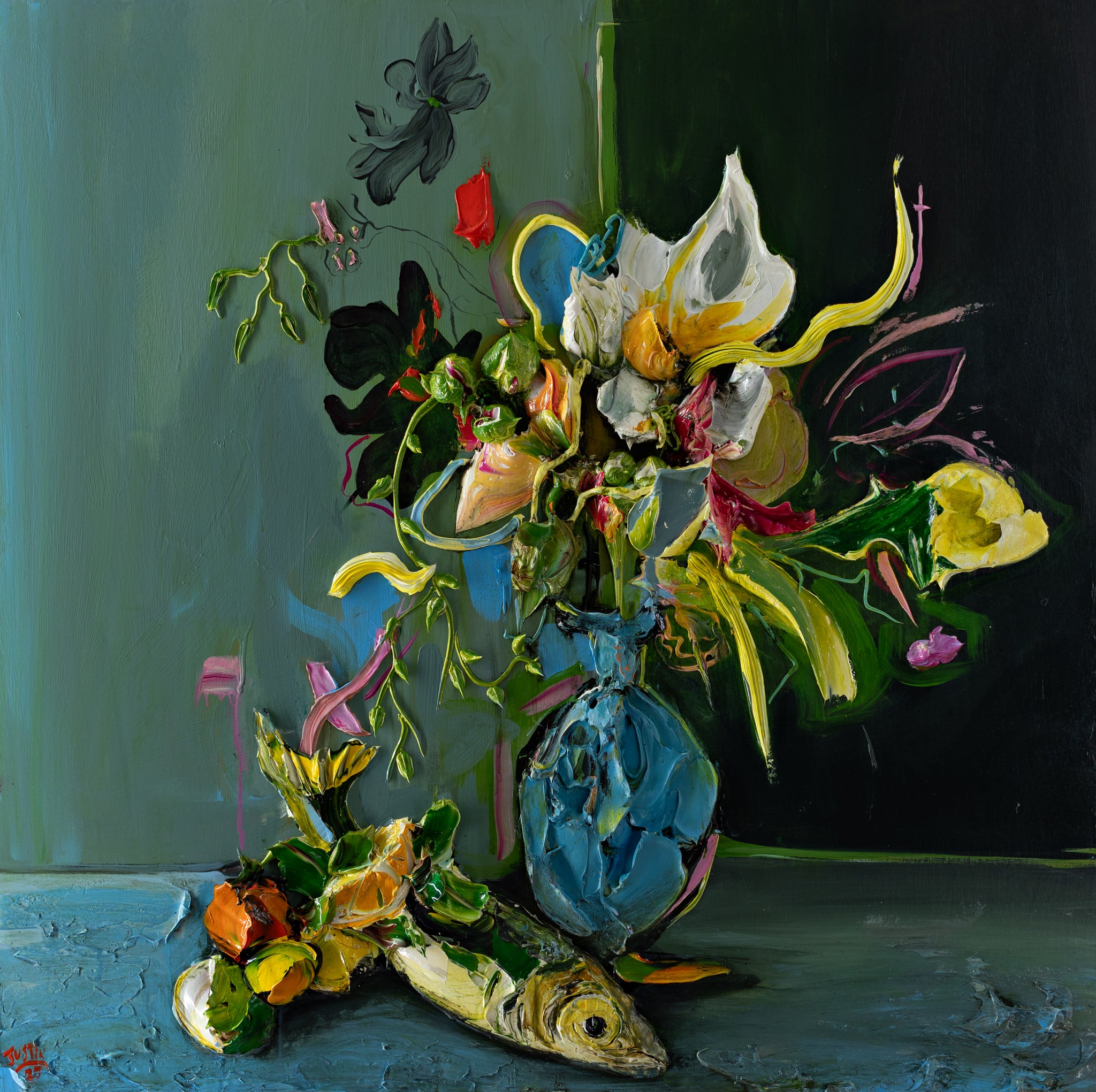 Fish with Floral Vase Still Life 36x36