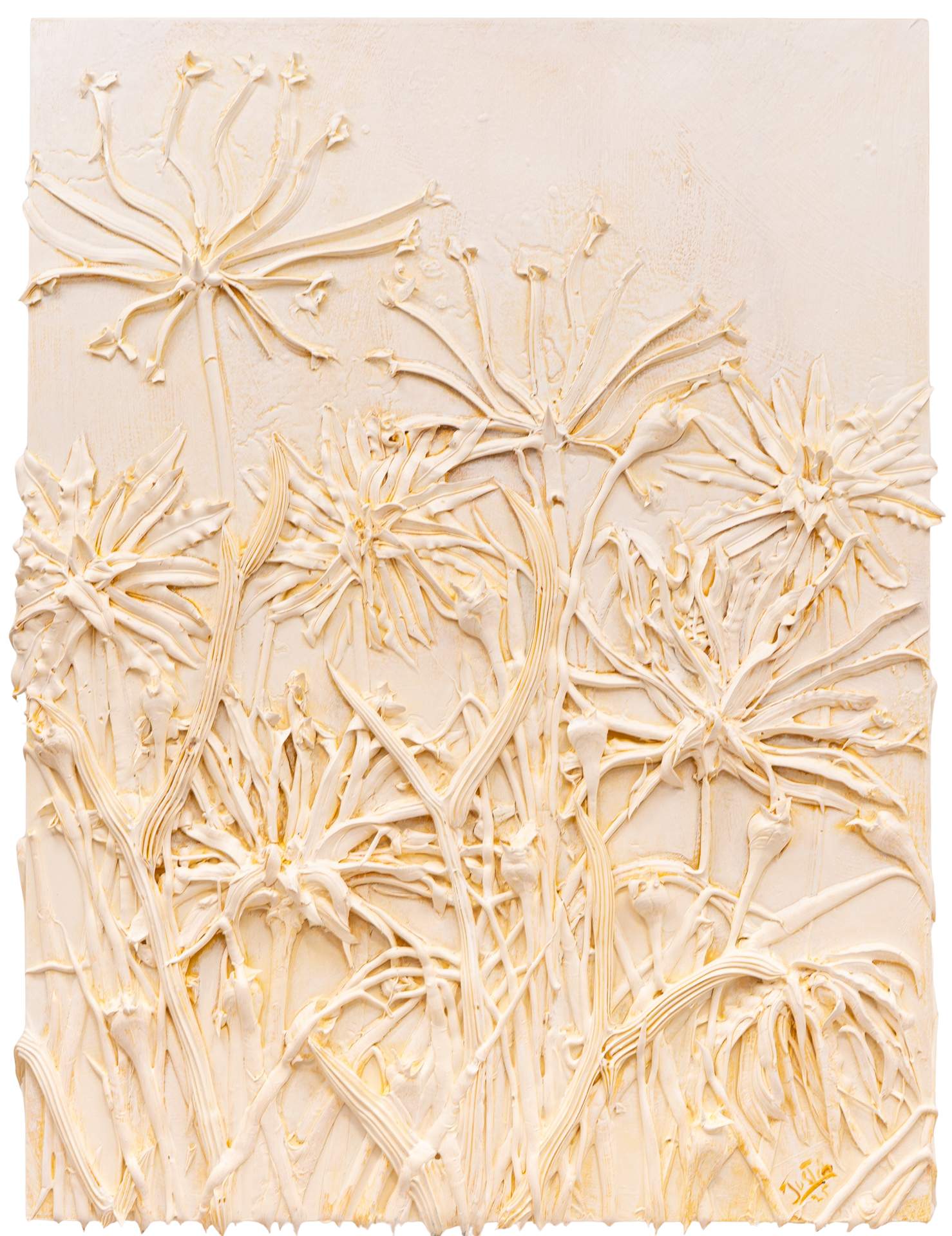 Decorative wall art with heavy texture all white floral design by artist Justin Gaffrey