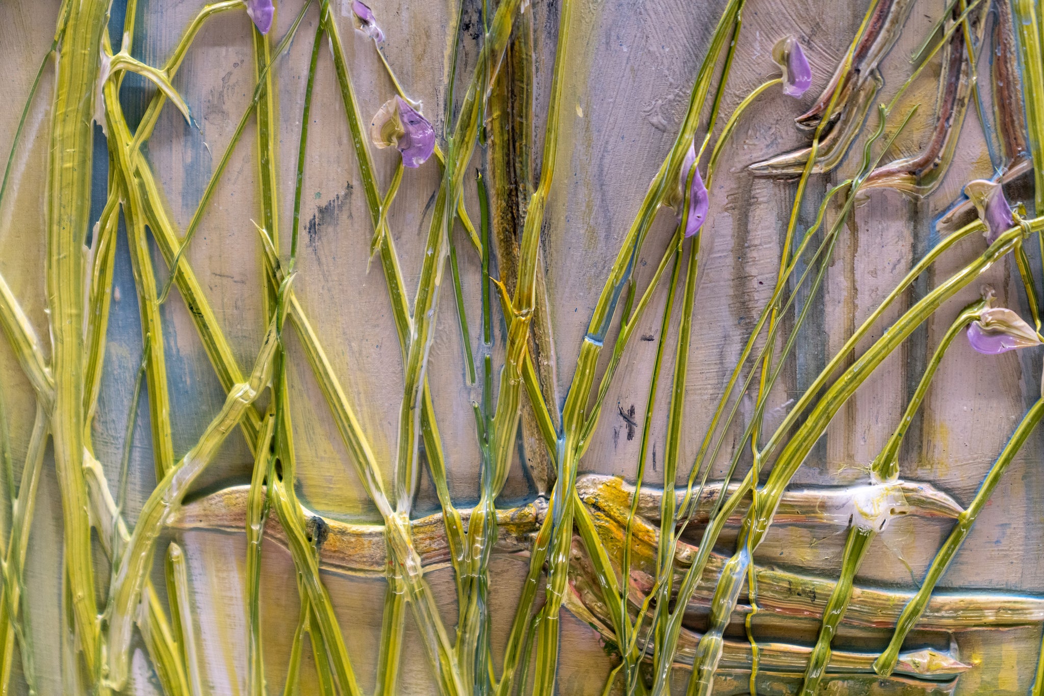 Heron and Yellow Irises, 36x36