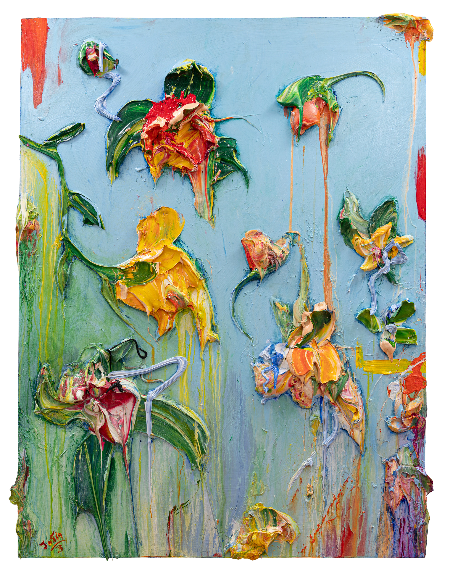 Abstract Floral painting by artist Justin Gaffrey with colorful flowers and green leaves on a blue background with drips coming from the flowers