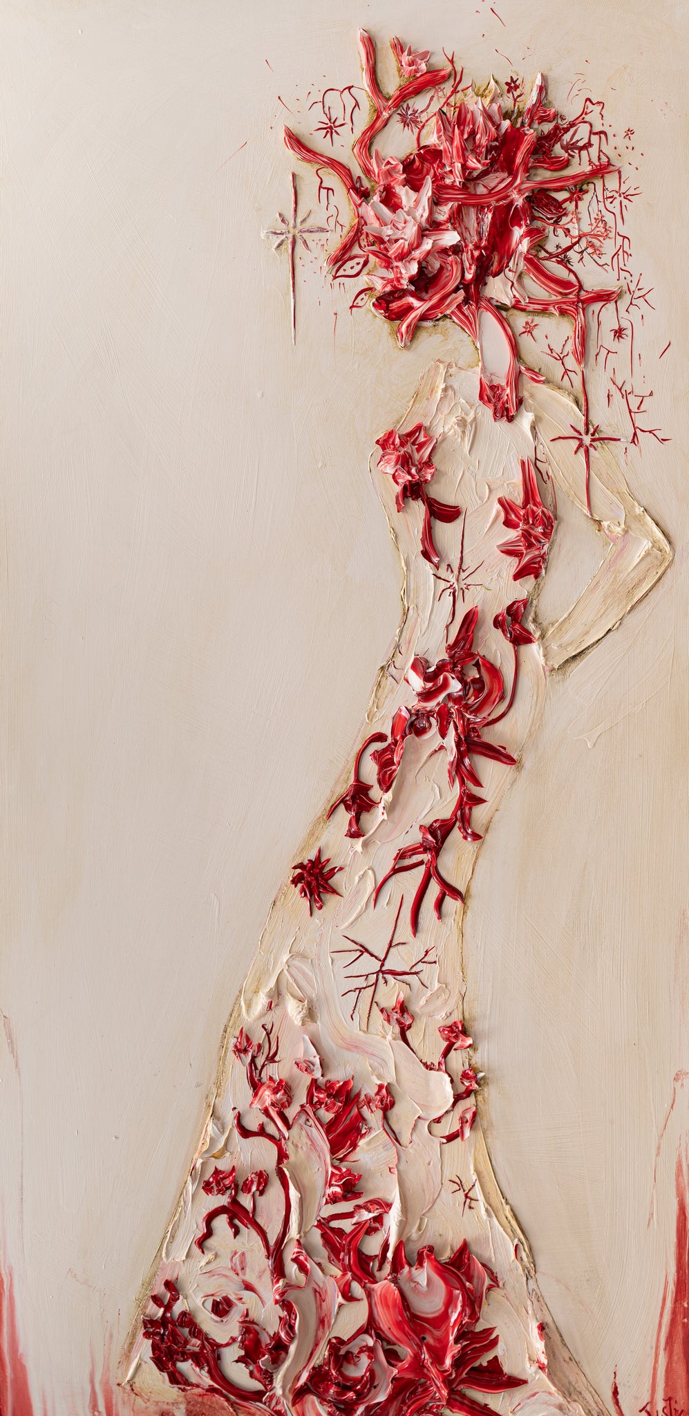 30x60 Heavy Texture Acrylic painting by Justin Gaffrey Woman with Red floral head and dress