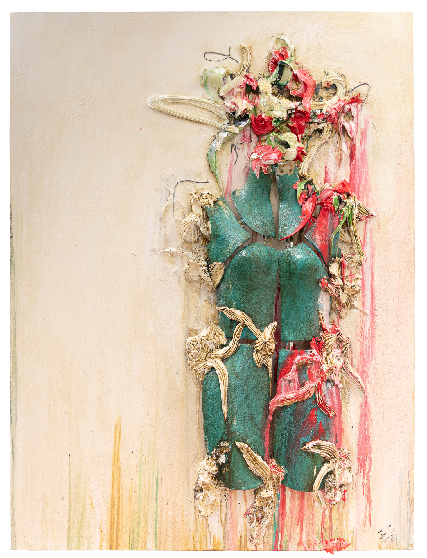 Colorful mix media abstract art by 30a Artist Justin Gaffrey featuring heavy textured impasto style floral elements and Vintage Mannequin Bodice on a beige background with drippy paint at bottom