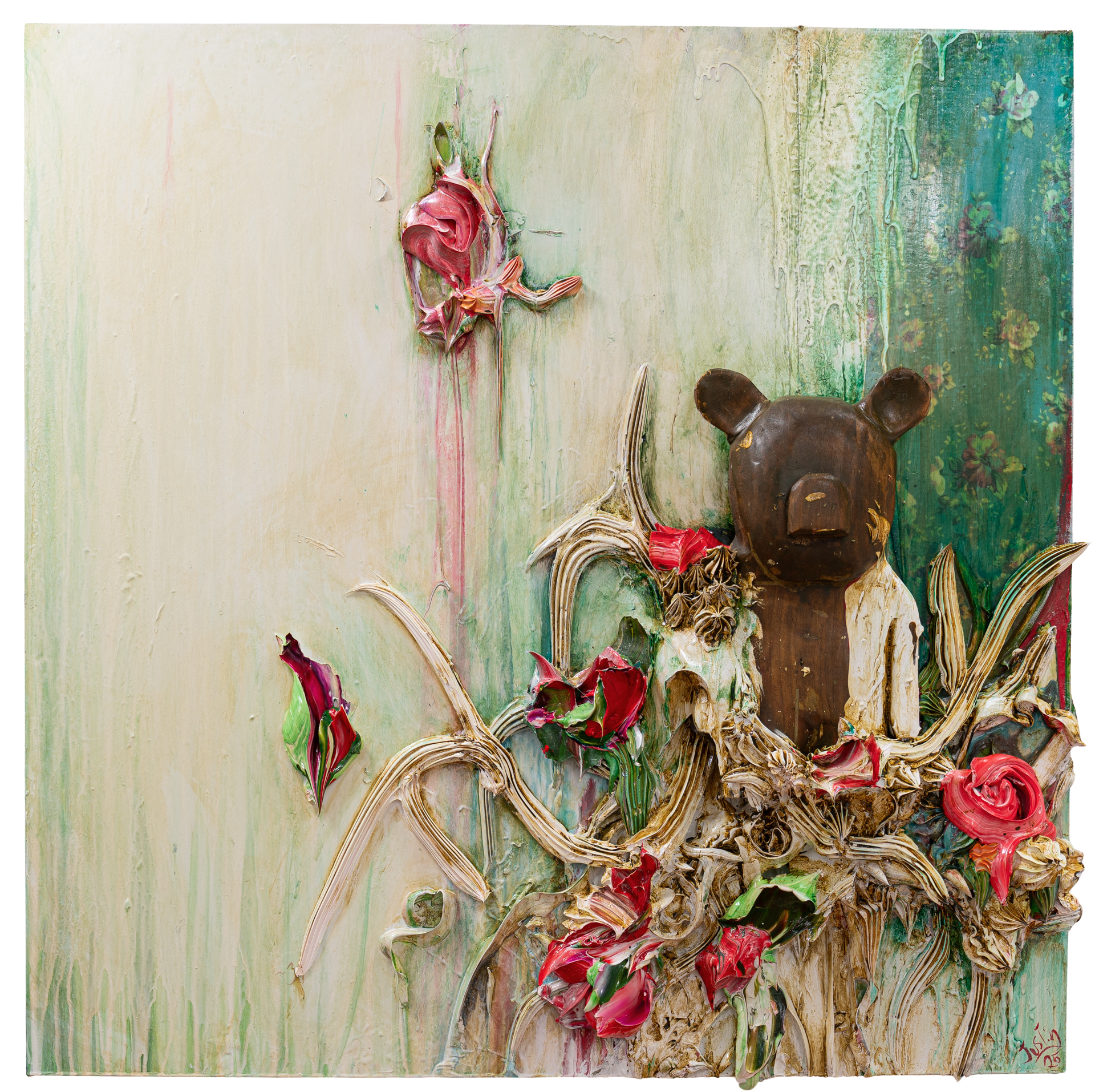 Mixed Media Painting by artist Justin Gaffrey featuring sculptural wood bear with heavy texture impasto flowers on a textured background