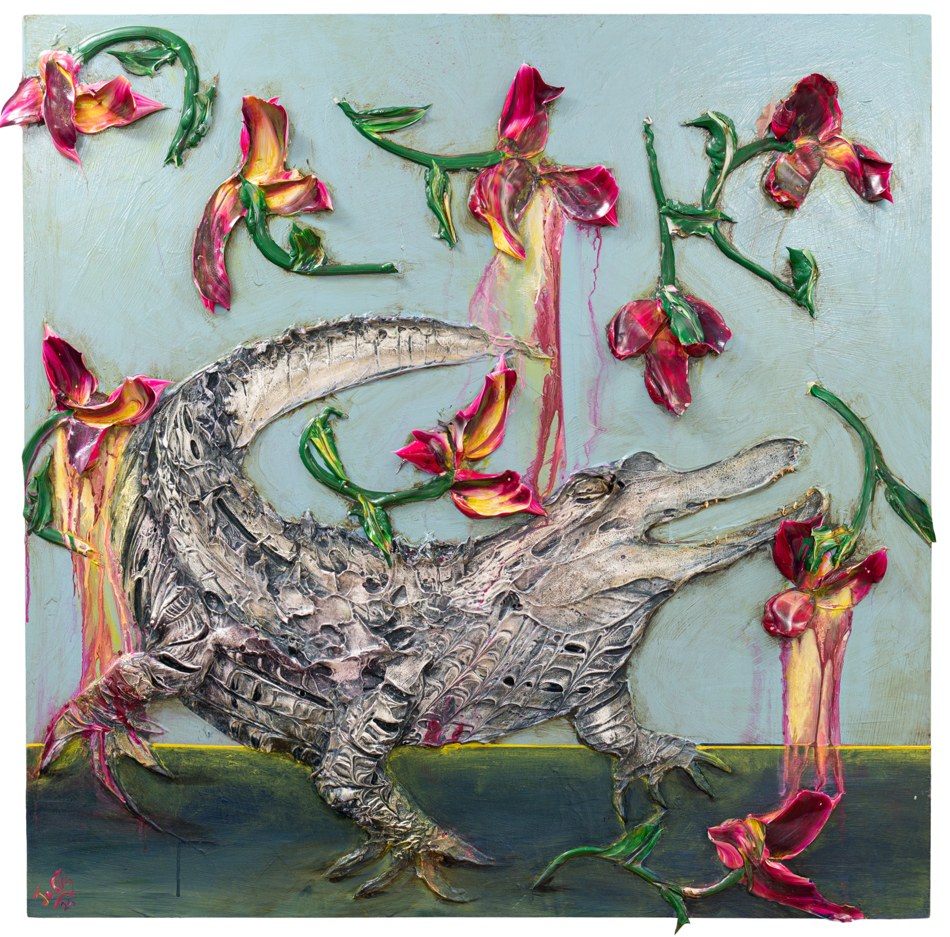 Heavy texture acrylic Impasto painting by Justin Gaffrey of a crocodile surrounded by flowers with some drippy colors falling from the flowers