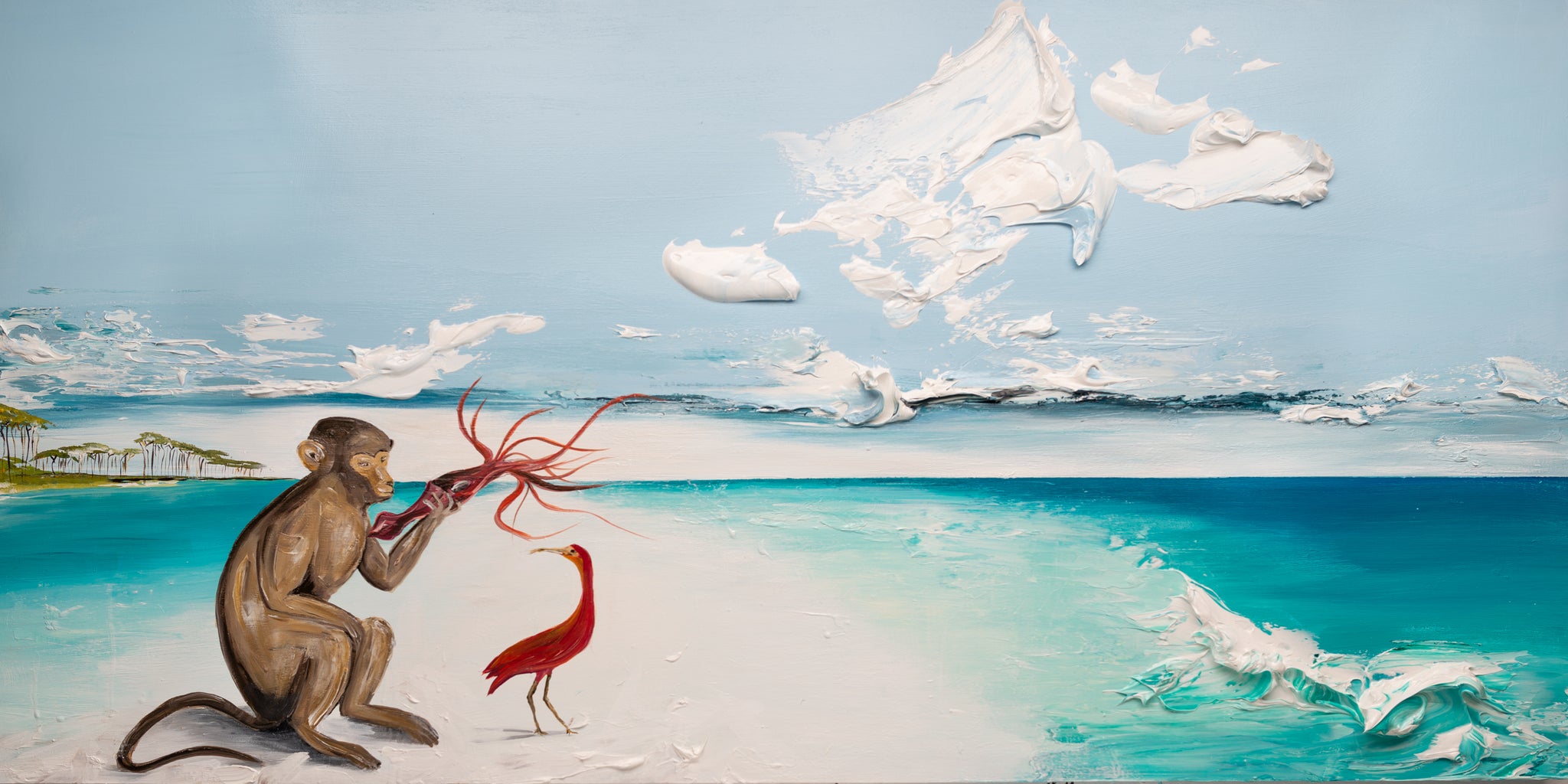 Day at the Beach with Monkey, Squid, and Scarlet Ibis, 72x36